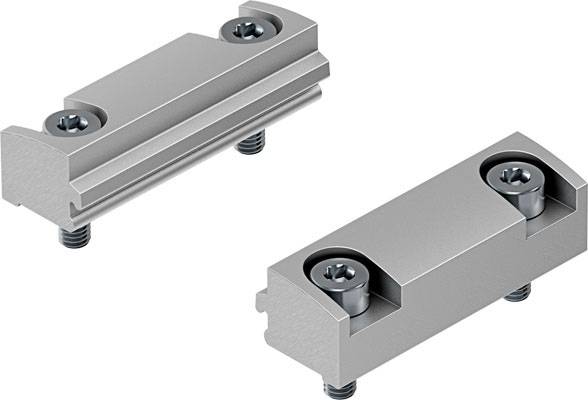 Zwei silberne Metallhalterungen mit jeweils zwei Schrauben, in Winkelanordnung, auf einem neutralen Hintergrund.