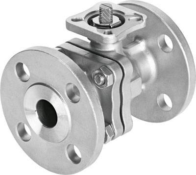 Metallisches Kugelventil mit Flanschen an beiden Enden, sichtbar ist auch der Hebelmechanismus. Verwendet in Industrieleitungen.