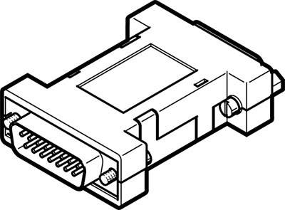 Eine technische Zeichnung eines DB25-Steckeradapters zeigt seinen rechteckigen Aufbau und Pins.