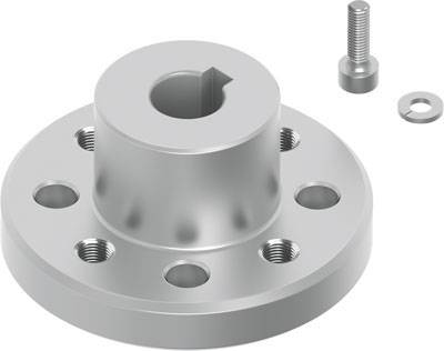 Metallflansch mit zentralem Loch und mehreren Schraubenlöchern. Rechts eine Schraube und eine Unterlegscheibe.