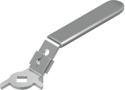 Ein silberner Flaschenöffner mit ergonomischem Griff, geeignet für verschiedene Verschlussarten. Ideal für Küche und Bar.