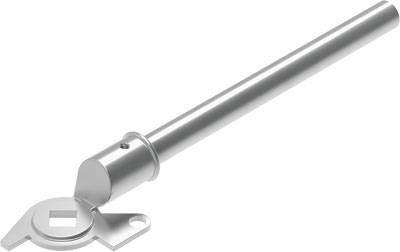 Metallischer Hebelmechanismus mit einem runden Griff und einer Basis mit rechteckiger Öffnung.