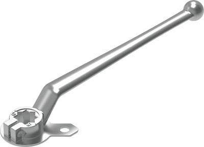 Ein langer, horizontaler Metallhebel mit einem runden Kopf auf einer Seite und einem mechanischen Befestigungspunkt auf der anderen.