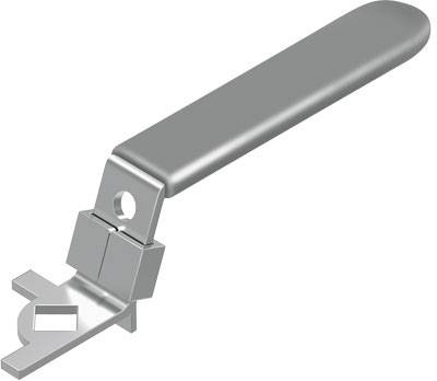 Grauer Metallgriff einer Maschinenhaube mit schwenkbarem Hebemechanismus und zwei Befestigungsschraubenöffnungen.