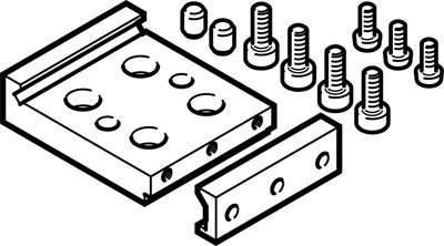Technische Zeichnung eines Montagekits mit einer Platte, einem zusätzlichen Teil und mehreren Schrauben. Geeignet für Maschinenbauanwendungen.