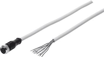 Ein weißes Kabel mit einem runden Stecker auf der linken Seite und mehreren abisolierten Drahtenden auf der rechten Seite.