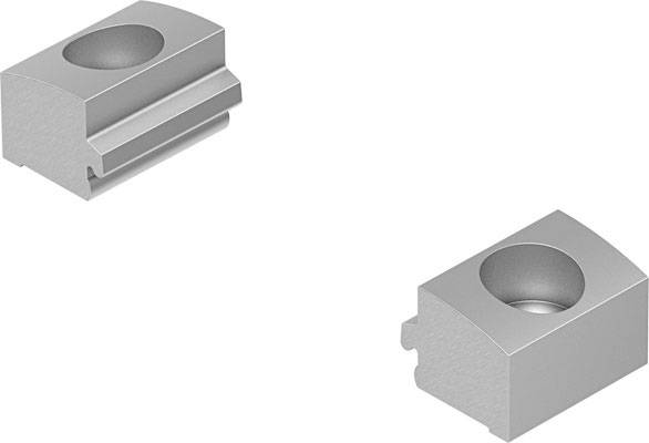 Zwei graue, rechteckige Metallkomponenten mit runden Vertiefungen, die möglicherweise als Verbindungselemente dienen.