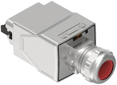 Steckverbinder in Metallgehäuse mit rotem Anschluss, seitliche Ansicht. Geeignet für industrielle Anwendungen und robuste Verbindungen.