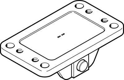 Technische Zeichnung einer rechteckigen Flanschdichtung mit sechs Montagelöchern und einer zentralen Erhebung.