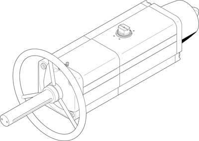 Technische Zeichnung einer zylindrischen Maschine mit einem hervorstehenden Hebelrad und Details wie Schraubenkopf oben.
