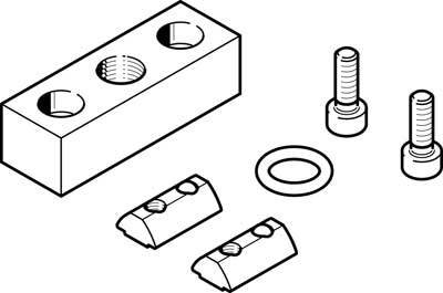 Technische Zeichnung eines Montage-Kits mit einem rechteckigen Block, zwei Schrauben, einer Unterlegscheibe und zwei Klemmen.