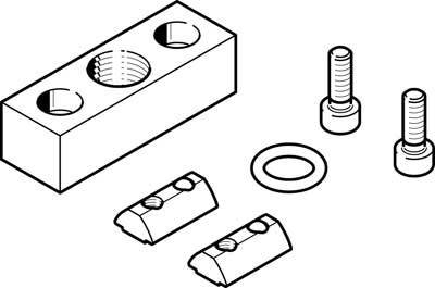 Diagramm eines rechteckigen Metallblocks mit mehreren Gewindebohrungen, zwei Schrauben, einer Unterlegscheibe und zwei Keilen.