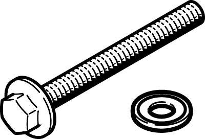 Eine Schraube mit Sechskantkopf und eine Unterlegscheibe, beide in schwarz-weißer Illustration.