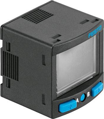 Kleines, schwarzes elektronisches Gerät mit Bildschirm und blauen Knöpfen an der Vorderseite. Marke 'Festo'.