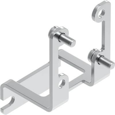 Metallhalterung mit Schrauben; rechteckiger Rahmen und zwei vertikale Teile zur Befestigung, geeignet für mechanische Anwendungen.