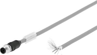 Ein abgeschirmtes Kabel mit einem runden, mehrpoligen Stecker auf der einen Seite und offenen, abisolierten Drähten auf der anderen Seite.