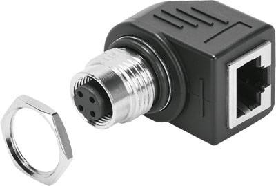 Ein schwarzer Adapter mit einem runden, mehrpoligen Stecker auf der einen Seite und einem RJ45-Netzwerkanschluss auf der anderen Seite.