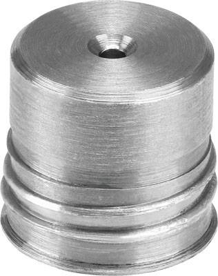 Metallische, zylindrische Komponente mit gerillter Oberfläche und zentriertem Loch an der Oberseite. Mögliche technische Anwendung.