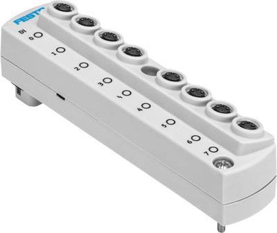 Ein rechteckiges, weißes elektronisches Modul mit blauen Festo-Logo, hat acht nummerierte Anschlüsse von 10 bis 70.