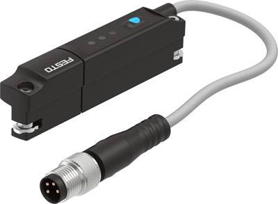 Ein schwarzer Sensorswitch mit Kabel und Stecker von Festo für Industrieanwendungen.
