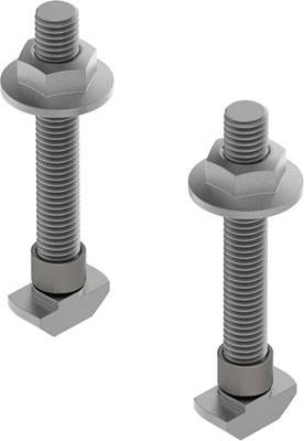Zwei lange Maschinenschrauben mit Muttern und Unterlegscheiben, aufrecht stehend, zeigen ein Beispiel für Befestigungselemente.