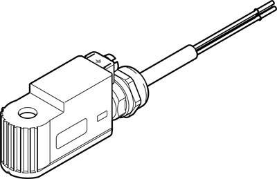 Eine schwarz-weiße technische Zeichnung eines elektrischen Steckers mit Kabel. Der Stecker ist detailliert mit Rillen und Anschluss sichtbar.