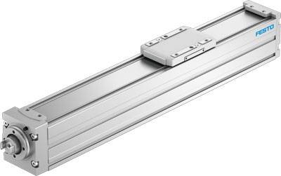 Linearer Antrieb von Festo in silberner Farbe, rechteckige Bauweise, seitlich montiert, für industrielle Anwendungen geeignet.