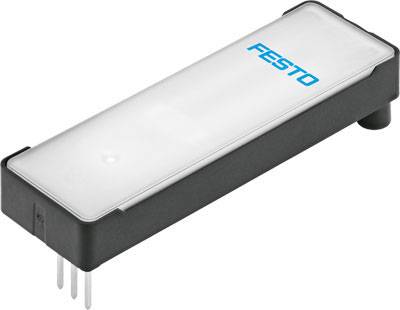 Rechteckiges elektrisches Bauteil mit vier Metallstiften auf der linken Seite und dem Logo 'Festo' oben rechts aufgedruckt.