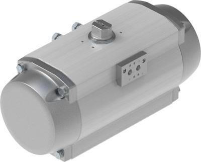 Pneumatischer Antrieb in zylindrischer Form mit Metallgehäuse und mehreren Bolzen, verwendet zur Steuerung von Ventilen in Industrieanlagen.