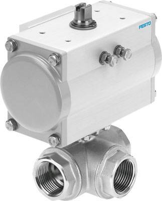 Ein pneumatischer Kugelhahn-Aktor von Festo, hauptsächlich aus Metall, mit rechteckigem Gehäuse, Anschlüssen und Schraubventil.