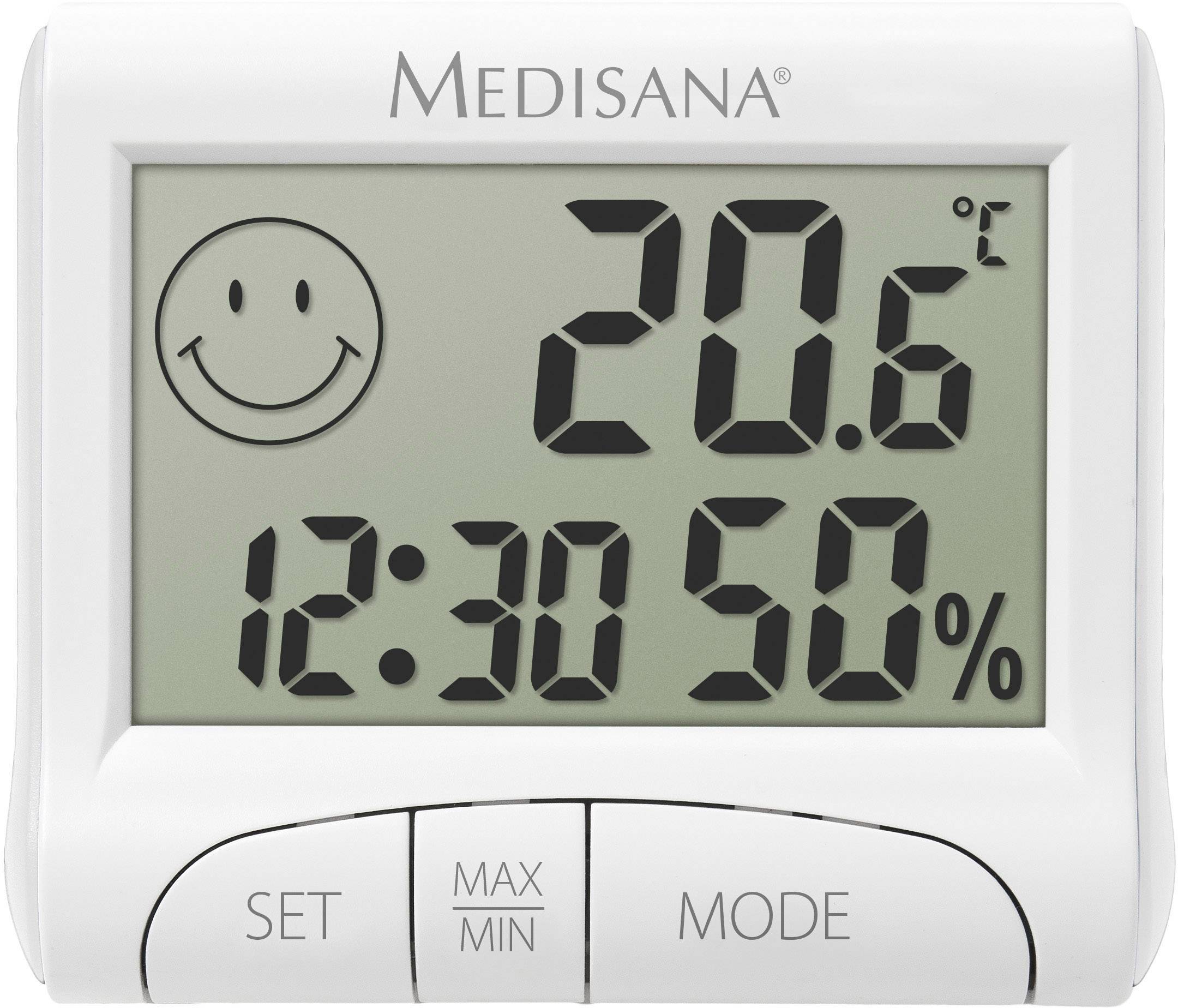 Digitales Thermometer zeigt 20,6 Grad Celsius, 50% Luftfeuchtigkeit und eine Uhrzeit von 12:30 an. Smiley-Gesicht links oben.