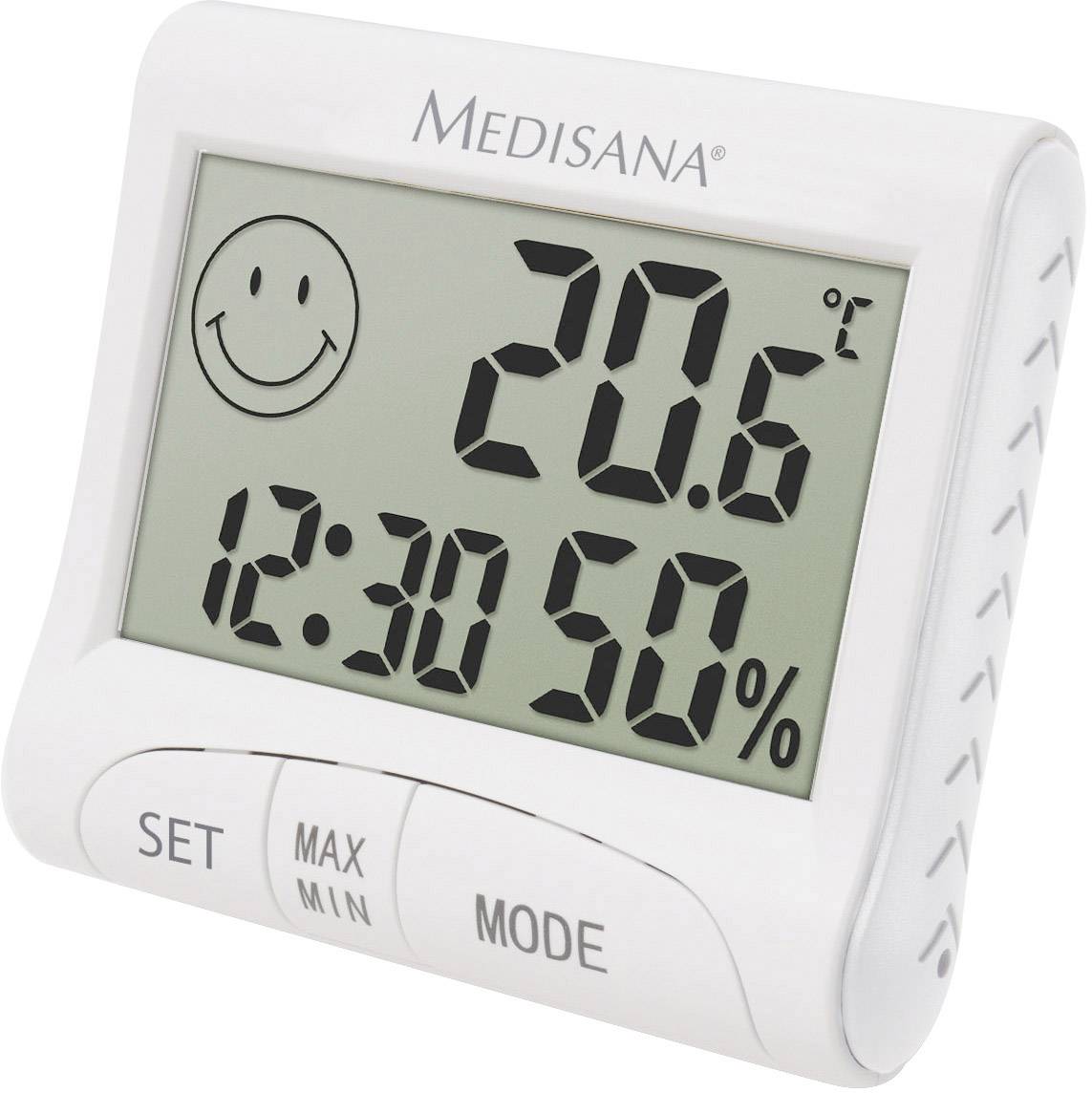 Digitales Thermometer in Weiß zeigt 20,6 °C und 12,30 % Luftfeuchtigkeit mit einem lachenden Smiley auf dem Display.