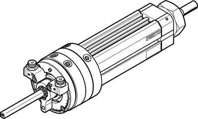 Technische Zeichnung eines Hydraulikzylinders mit schlankem, zylindrischem Körper und rechteckiger Basis; detaillierte Komponenten sichtbar.