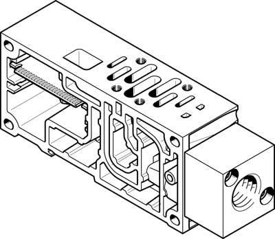 Schema einer mechanischen Vorrichtung mit rechteckiger Struktur und internem Leitungssystem. Konstruktionsdetails sind sichtbar.