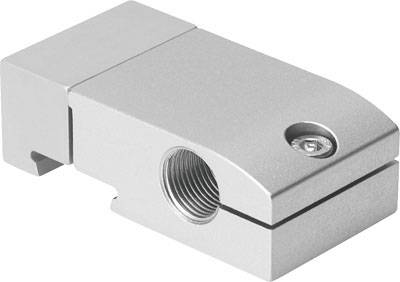 Ein silbernes mechanisches Bauteil mit einer Schraube und einem Gewindeanschluss.