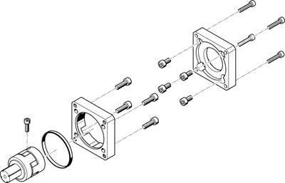 Explosionszeichnung einer mechanischen Baugruppe mit mehreren Schrauben, Dichtungen und Gehäuseteilen. Zeigt die Montagerichtung der Komponenten.