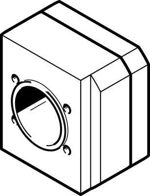 Technische Zeichnung eines quaderförmigen Gehäuses mit einem runden Öffnungselement an der linken Seite.