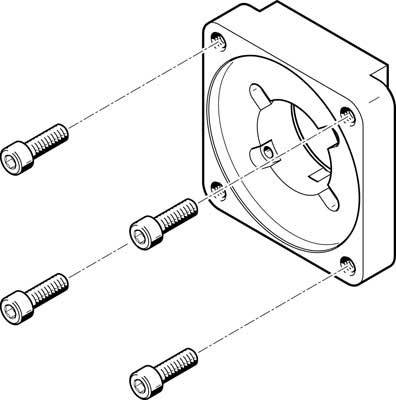 Technische Zeichnung einer Montageanleitung, die zeigt, wie vier Schrauben in die Ecken eines quadratischen Flansches eingesetzt werden.