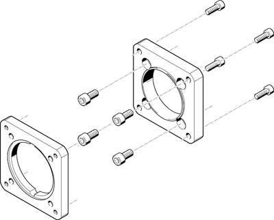 Explosionszeichnung zweier Metallflansche, die mit jeweils vier Schrauben verbunden werden. Zeigt Anordnung und Befestigung der Teile.