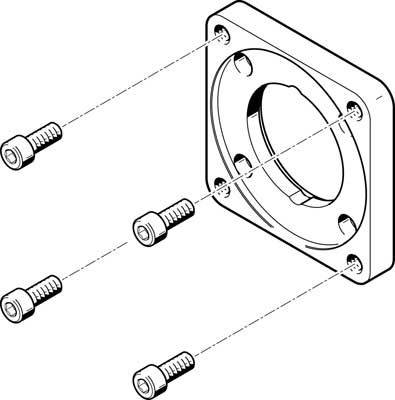 Explosionszeichnung eines rechteckigen Metallteils mit vier Schrauben, die in die vorgebohrten Löcher an jeder Ecke eingesetzt werden.