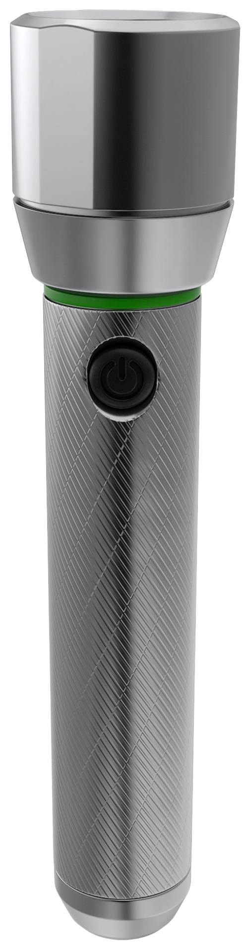 Eine Metalltaschenlampe mit schwarz geriffeltem Griff und grünem Ring unterhalb des Lampenkopfes, steht aufrecht mit sichtbarem Ein-/Ausschalter.