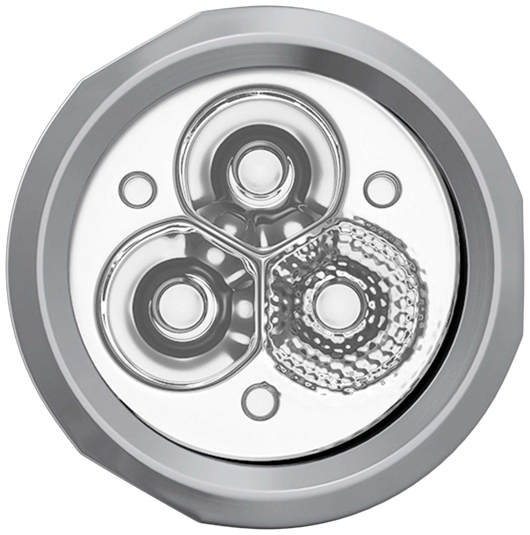 Nahaufnahme eines rotierenden Rasierkopfes mit drei kreisförmigen Klingen in hellem Metall.