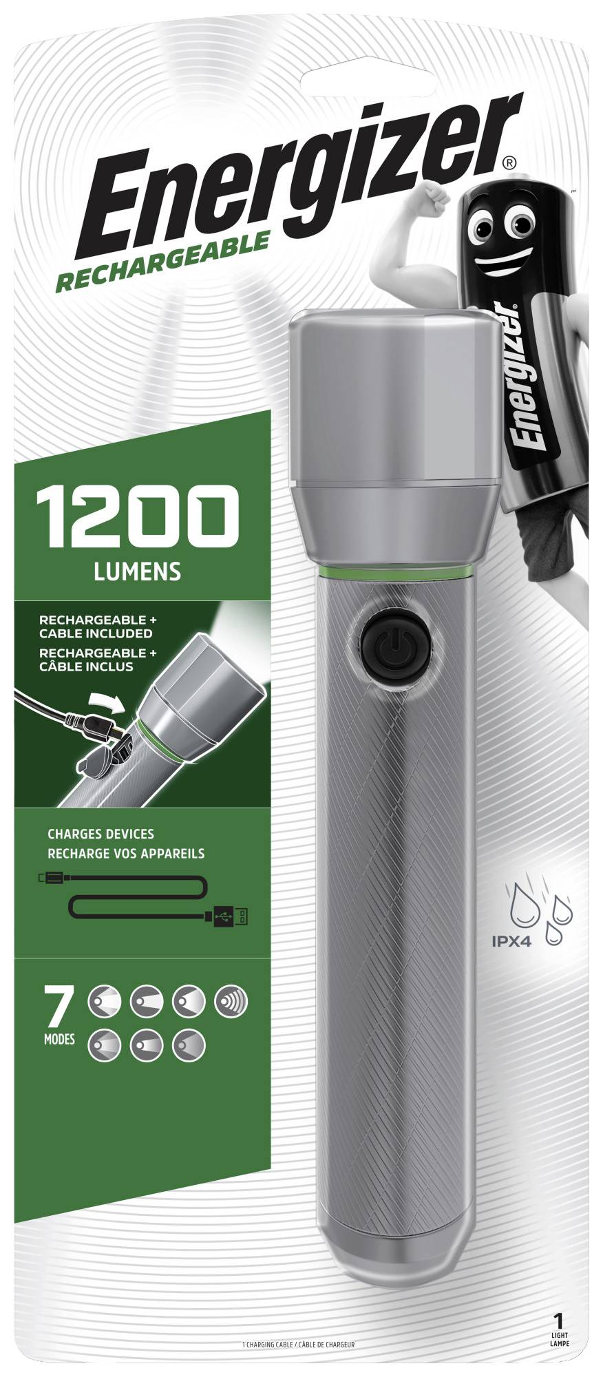 Taschenlampe von Energizer, silbern, 1200 Lumen, wiederaufladbar, mit IPX4-Wasserschutz, 7 Modi und ist geeignet zum Aufladen von Geräten.