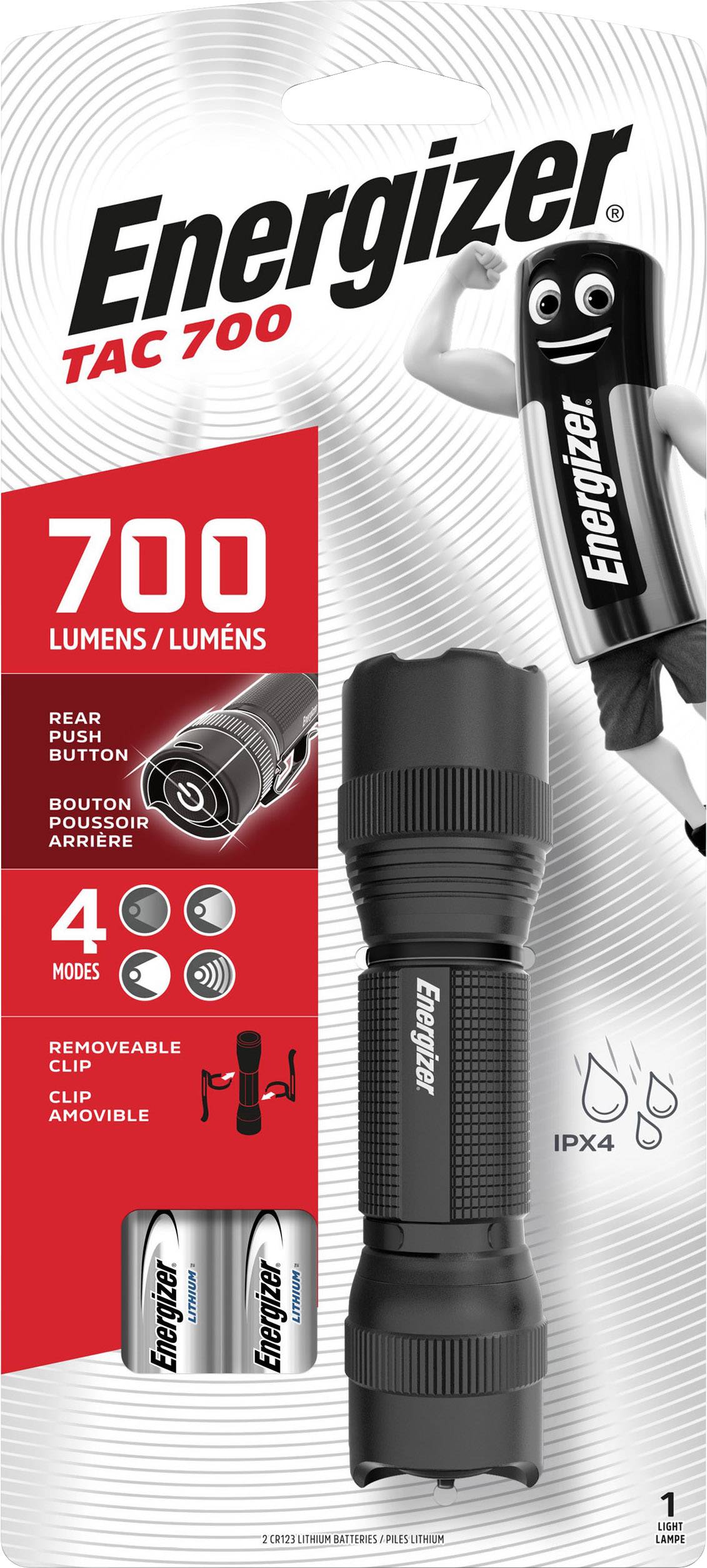 Taschenlampe Energizer TAC 700, 700 Lumen, vier Modi, hinterer Druckknopf, abnehmbarer Clip, wasserdicht nach IPX4.