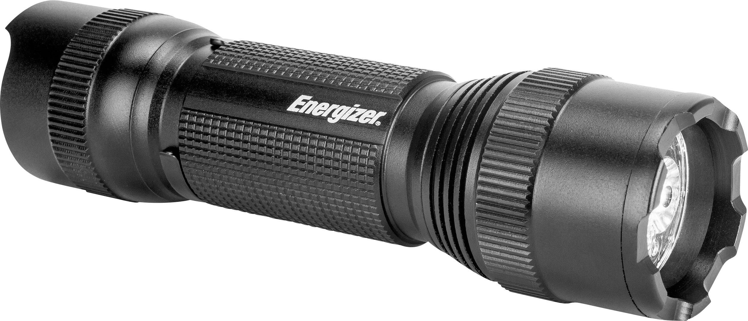 Schwarze Taschenlampe mit der Aufschrift 'Energizer'. Robustes Design mit gerippter Oberfläche, geeignet für den Outdoor-Einsatz.