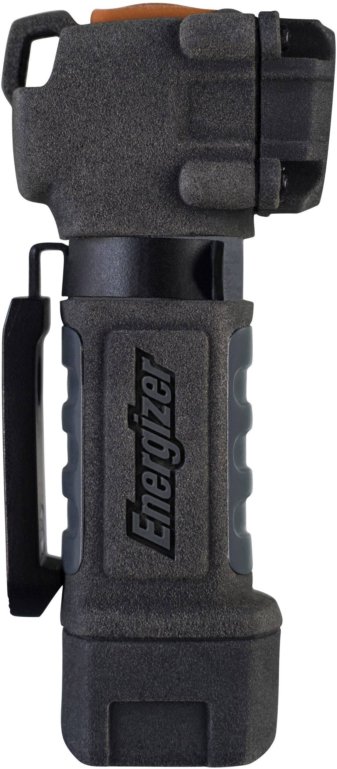 Schwarze Taschenlampe mit grauen Akzenten und der Aufschrift 'Energizer', seitliche Ansicht, kompakt und robust gestaltet.
