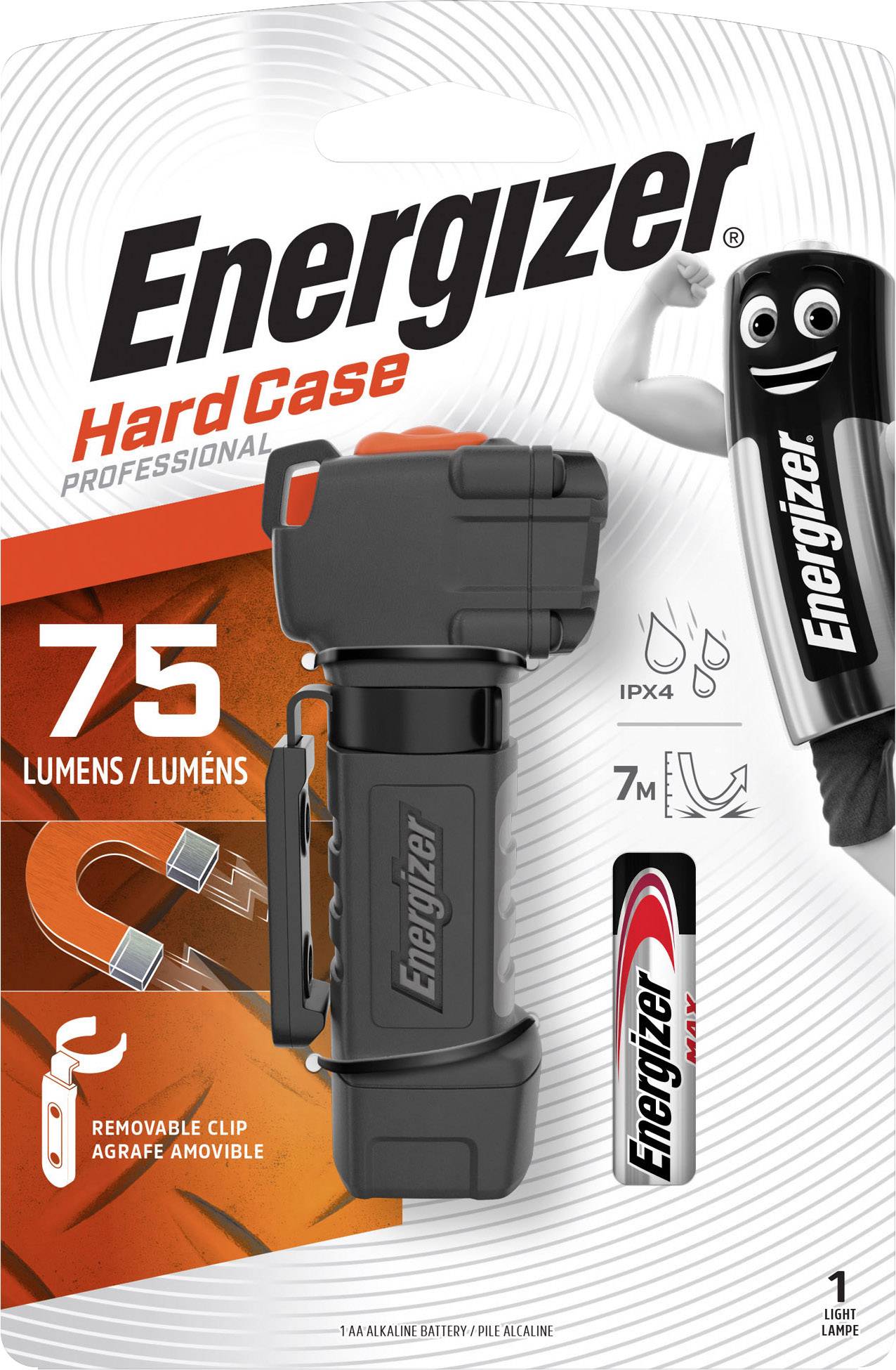 Energizer-Taschenlampe im Hard Case, 75 Lumen, IPX4 wasserfest, inklusive Batterie, abnehmbarer Clip, beleuchtet auf 7 Meter.