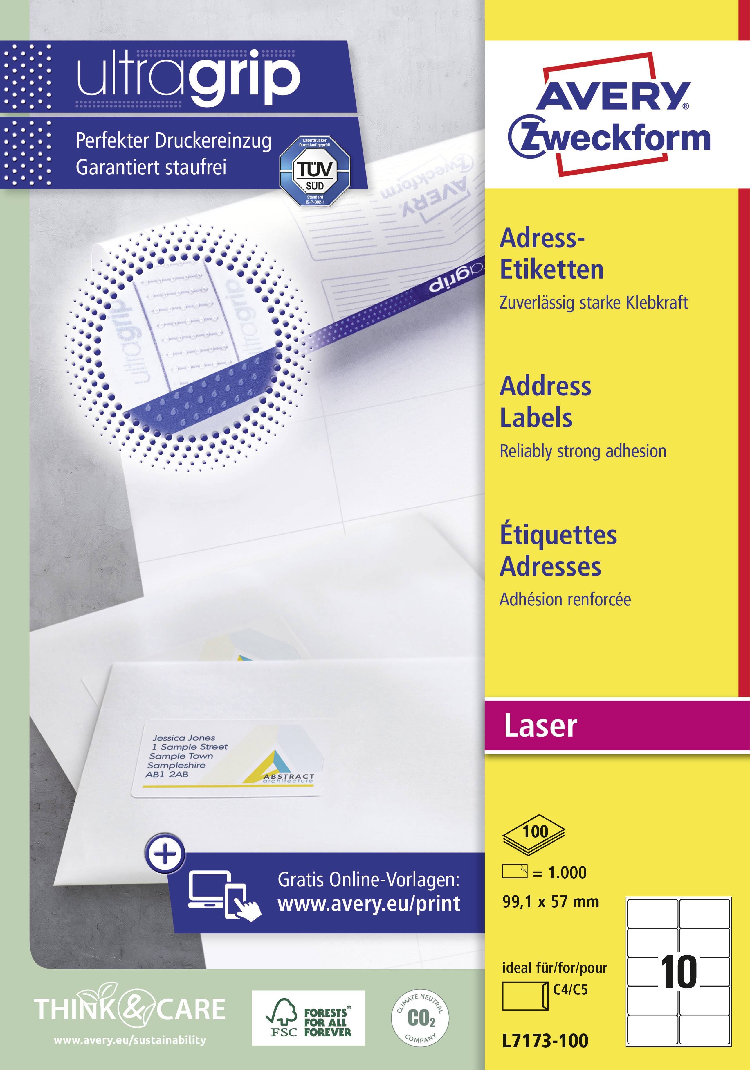 Avery-Zweckform L7173-100 Adress-Etiketten 99.1 x 57 mm Papier Weiß 1000 St. Laserdrucker, Farblaserdrucker, Kopierer, Farbkopierer, Handbeschriftun