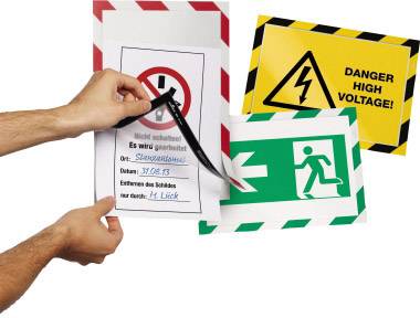 Drei Sicherheitszeichen: kein Zugang, Hochspannung, Notausgang. Erstes Schild zeigt Hände beim Entfernen eines Warnzettels.