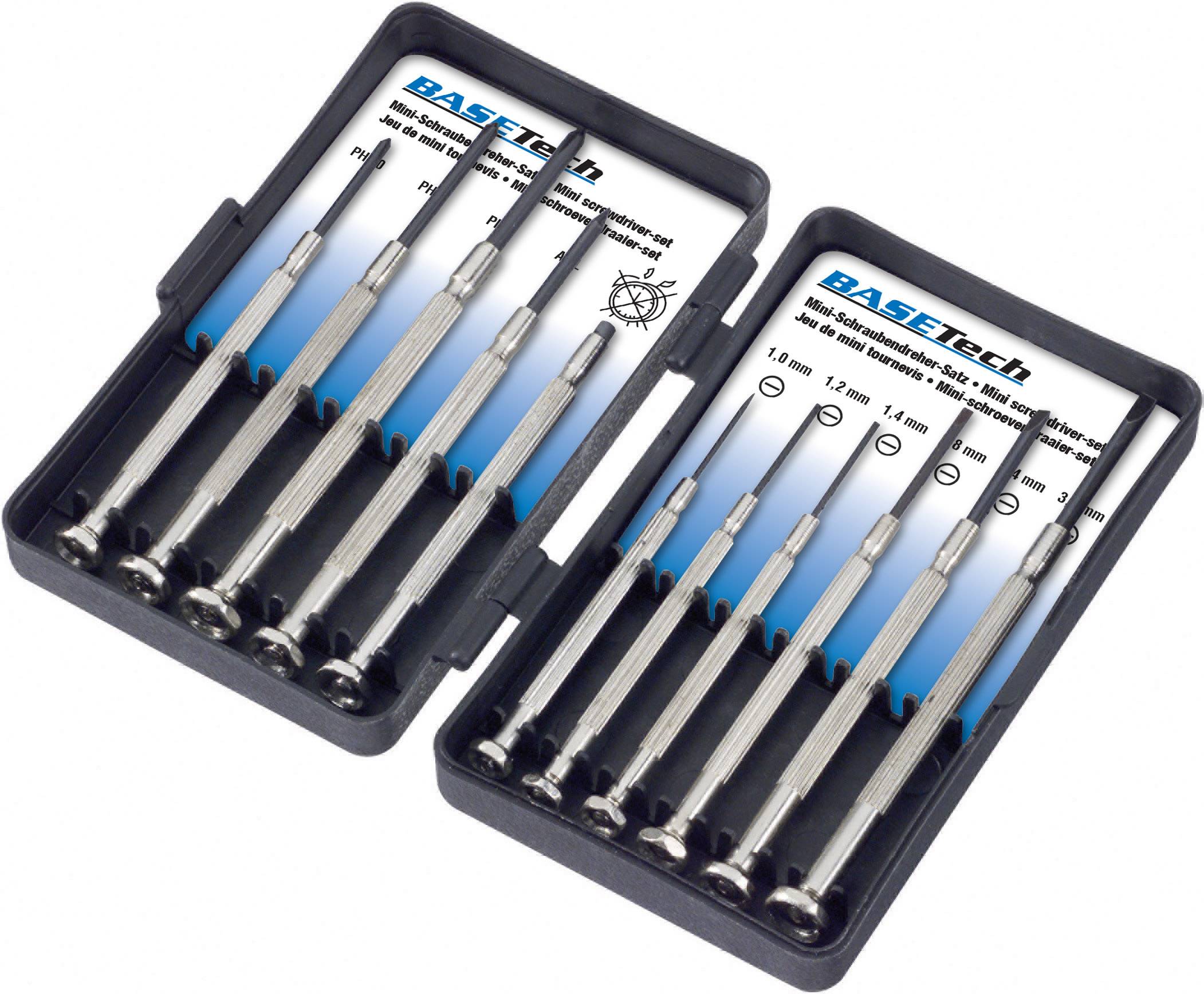 'Mini-Schraubendreher-Set von Basetech', zwei geöffnete Boxen mit neun Präzisionsschraubendrehern in verschiedenen Größen.